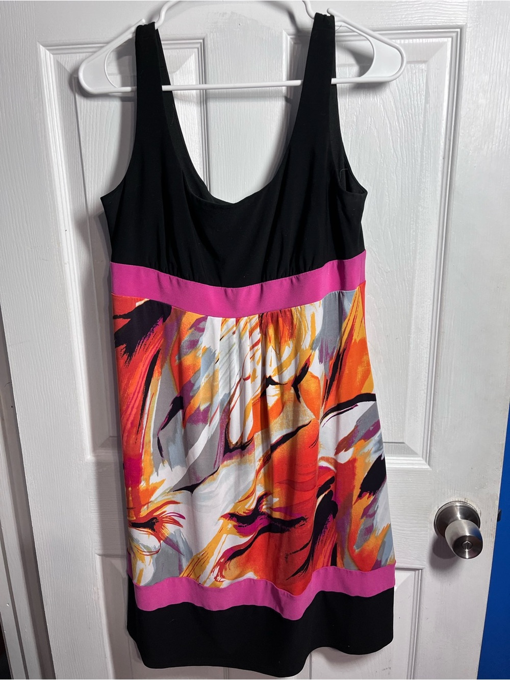 Ronni Nicole Black Dress with Pink Banding and Vibrant Abstract Skirt